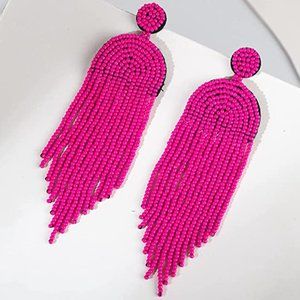 Long 4.5" Hot Pink Modern Art Deco Oversized Bohemian Earrings New Tassel Fringe